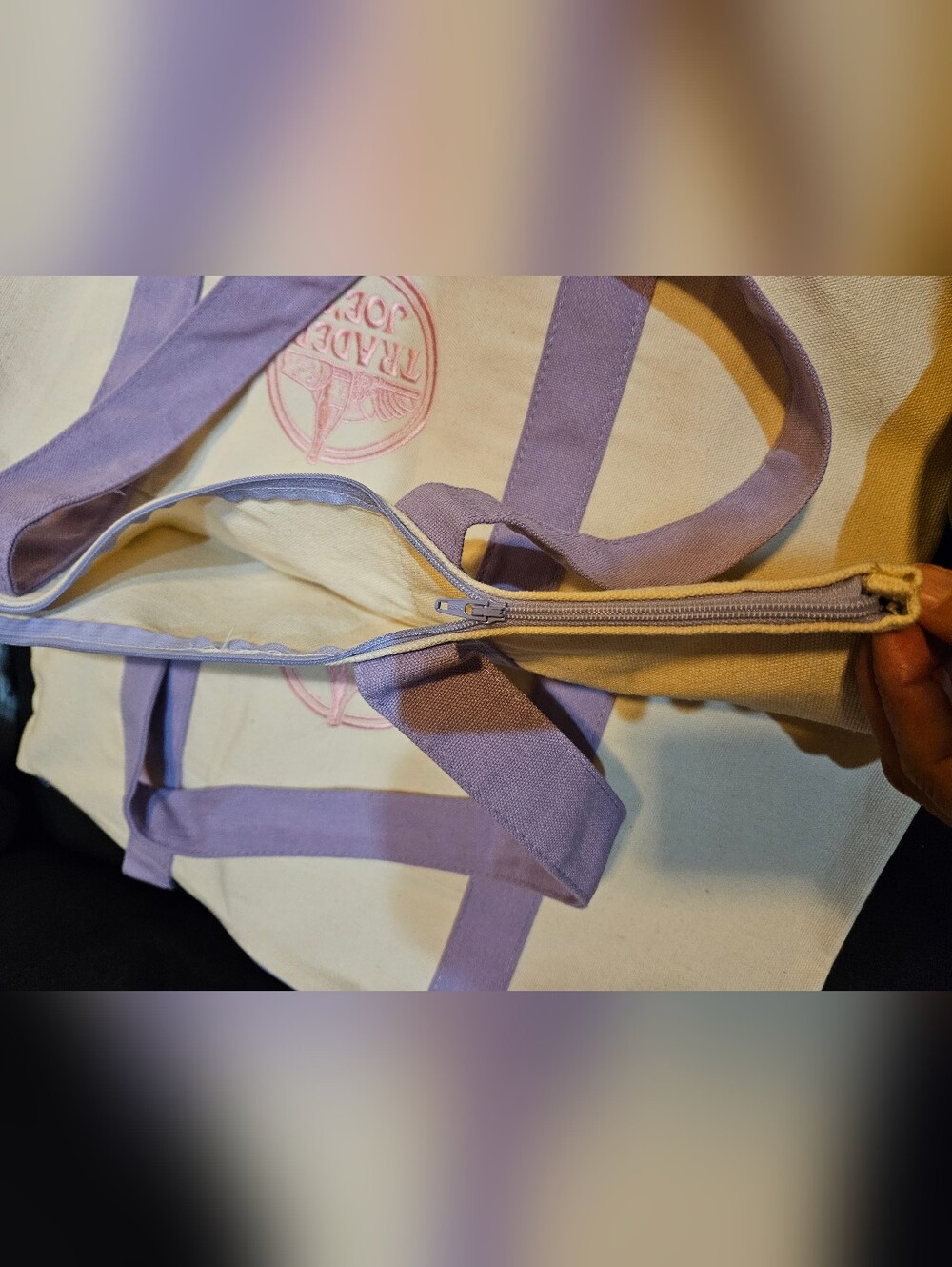 Trader Joe's Lavender Canvas Tote Bag with ZIPPER - Picture 3 of 6